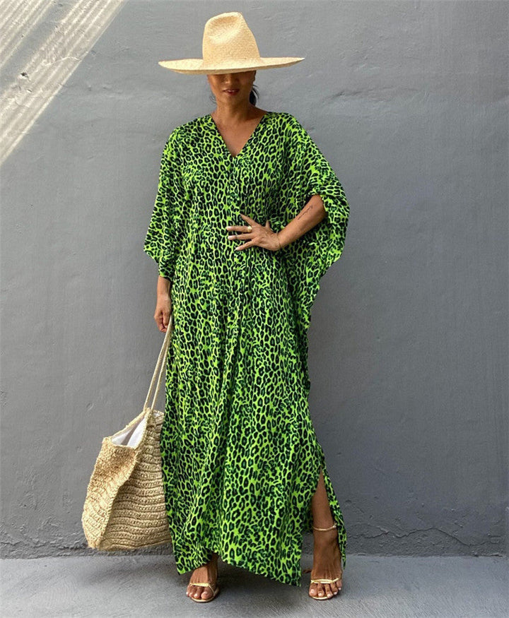Women’s Kaftan Dress – Relaxed Fit – Full Length – V-Neck – Breathable Fabric – Animal Print