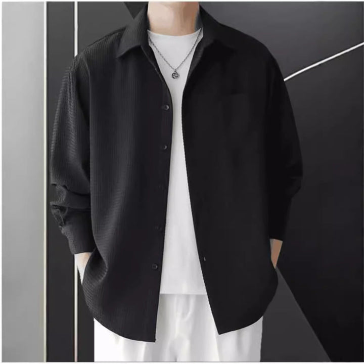 Men’s Button-Up Shirt - Waffle Knit - Oversized Fit - Long Sleeve Casual Layer