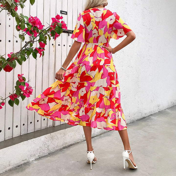 Women’s Midi Dress – Flutter Sleeves – V-Neck – Button Front – Bold Print – Flowy Fit