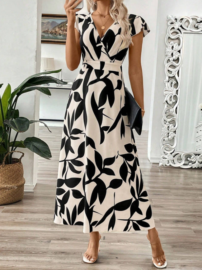 Women’s Maxi Dress – Flared Silhouette – Wrap Bodice – V-Neck