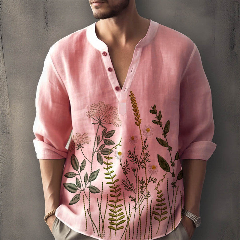 Men’s Shirt – Relaxed Fit – Cotton – Henley Neck – Floral Embroidered – Rolled Sleeve