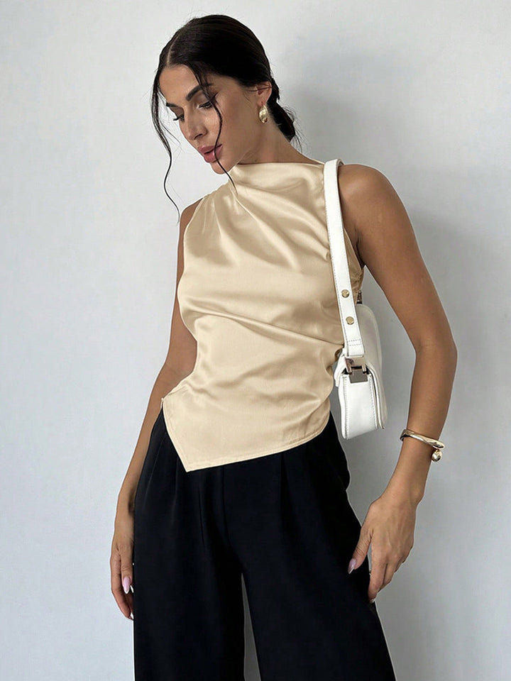 Women’s Sleeveless Blouse - Slim Fit - High Neck - Draped Front - Luxury Fabric
