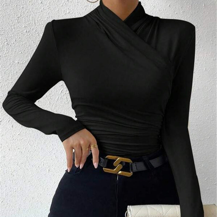 Women’s Long Sleeve Top – Fitted Wrap Design – V-Neck – Ruched Side – Stretch Fabric