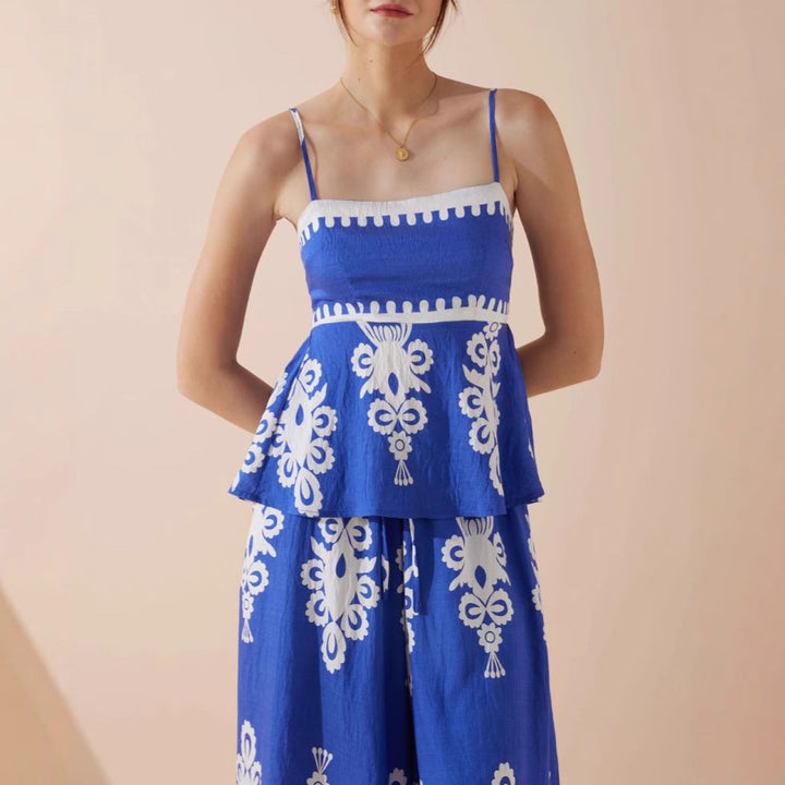 Women’s Peplum Top – Embroidered – Spaghetti Straps – Fitted Bodice – Flared Waist