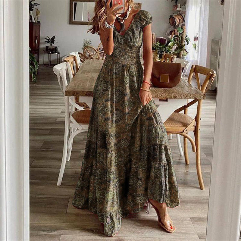 Women’s Maxi Dress – Smocked Bodice – Relaxed Fit – V-Neck – Tiered Skirt – Cotton Feel