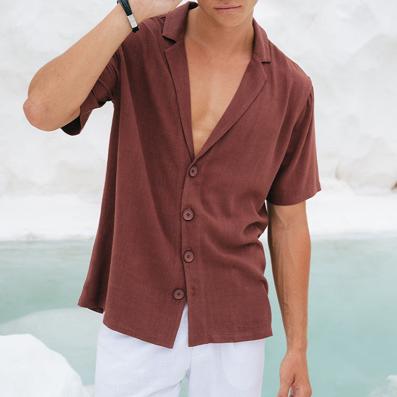 Men’s Casual Shirt - Relaxed Fit - Deep V-Neck - Notched Lapel - Short Sleeve Breathable