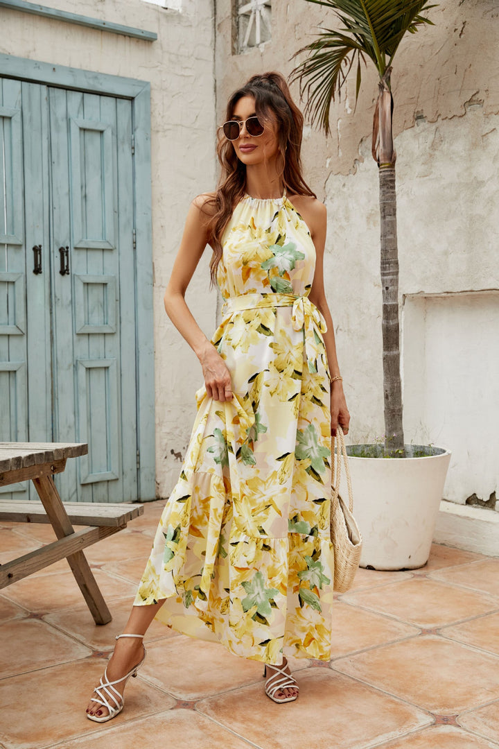 Women’s Maxi Dress – Halter Neck – Tie Waist – Sleeveless Flowy Skirt – Ruffled Hem