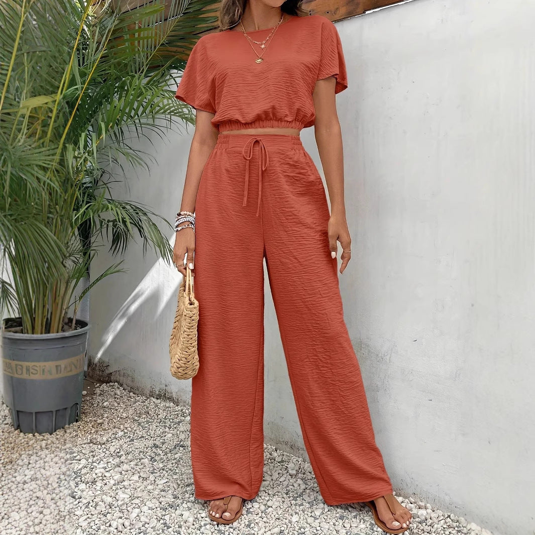 Women’s Two-Piece Set – Crop Top Relaxed Fit – High-Waist Wide-Leg Pants – Textured Fabric