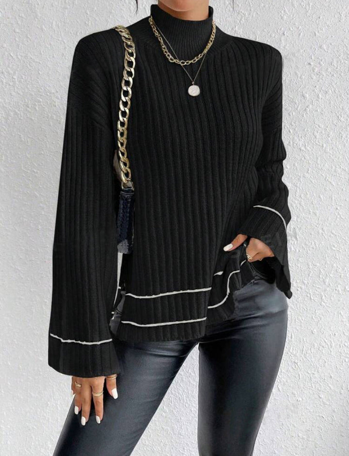 Women’s Knitted Sweater - Oversized Fit - Ribbed Texture - Mock Neck - Long Sleeve