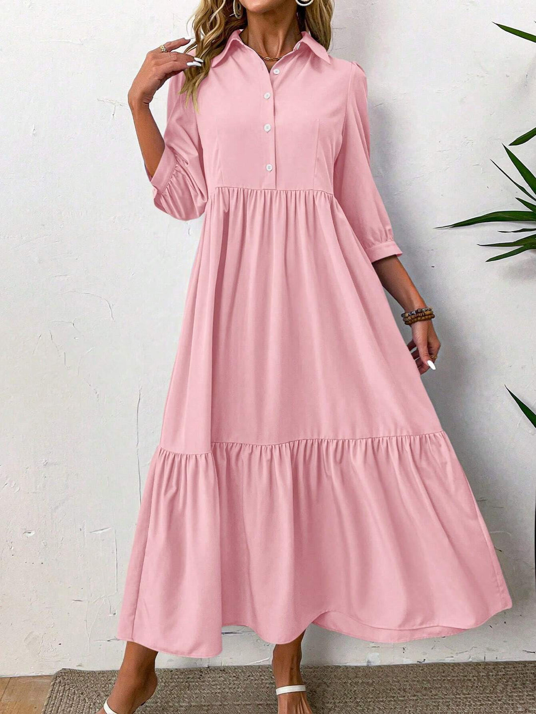 Women's Dress - Button-Down Collared - 3/4 Sleeves - Maxi Length