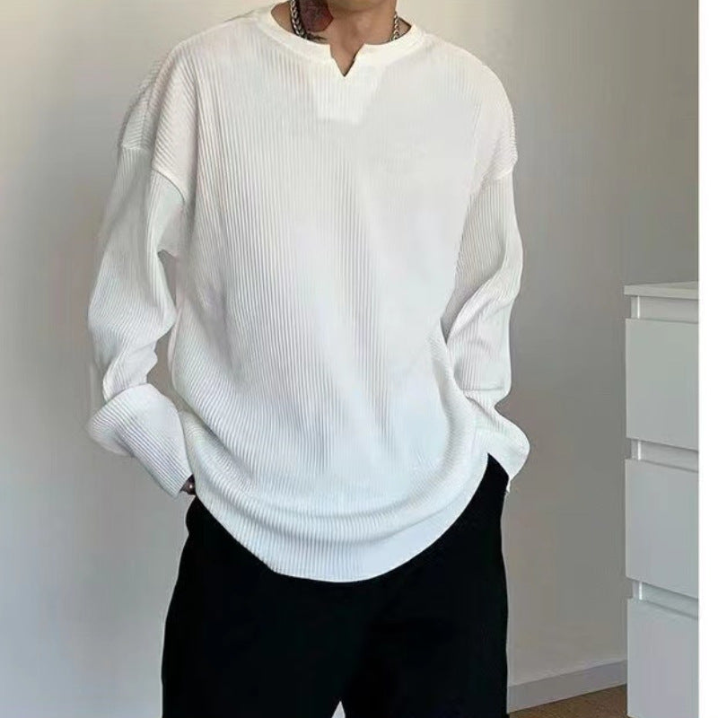 Men’s Long Sleeve T-Shirt - Ribbed Knit - Relaxed Fit - V-Neck Casual Base Layer