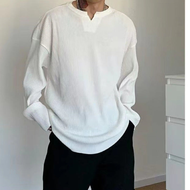 Men’s Long Sleeve T-Shirt - Ribbed Knit - Relaxed Fit - V-Neck Casual Base Layer