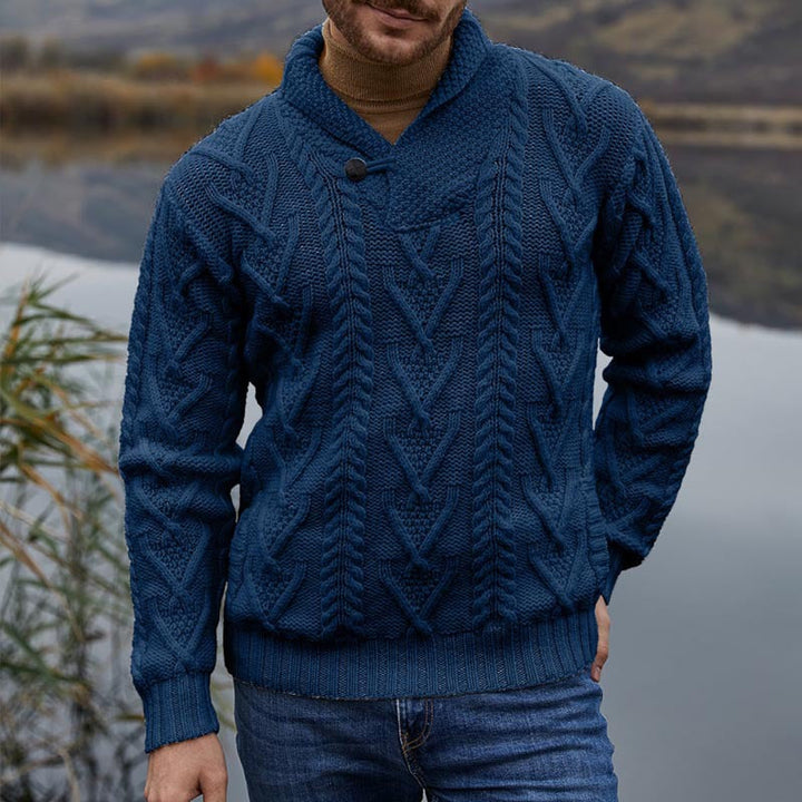 Men’s Pullover Sweater – Cable Knit – Relaxed Fit – Shawl Collar with Button Detail