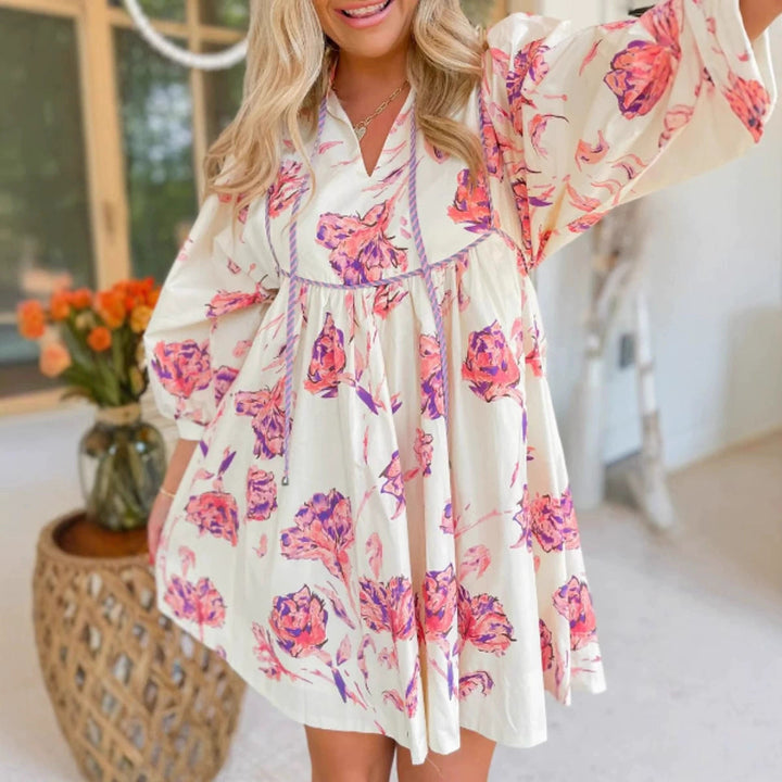 Women's Dress - Lightweight Cotton Blend - V-Neck - Puff Long Sleeve - Flowy Fit