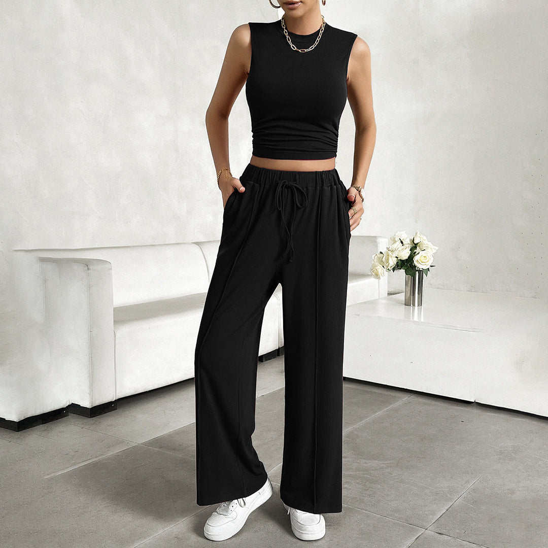 Women’s 2-Piece Set - Sleeveless Crop Top Crew Neck - Wide-Leg Pants Elastic Waist