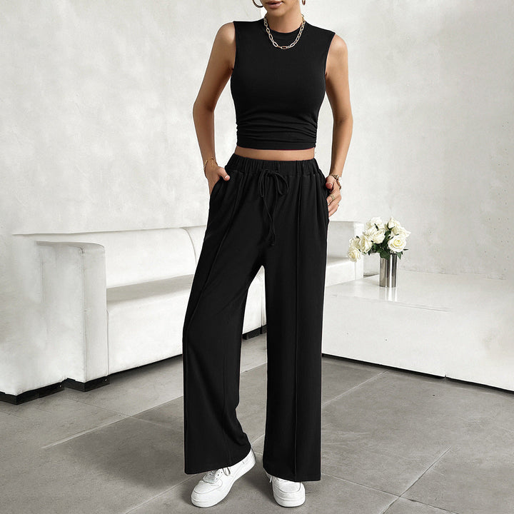 Women’s 2-Piece Set - Sleeveless Crop Top Crew Neck - Wide-Leg Pants Elastic Waist