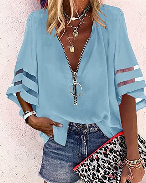 Women’s Zip-Up Blouse – Relaxed Fit – V-Neck – Elbow Sleeve – Breezy Fabric