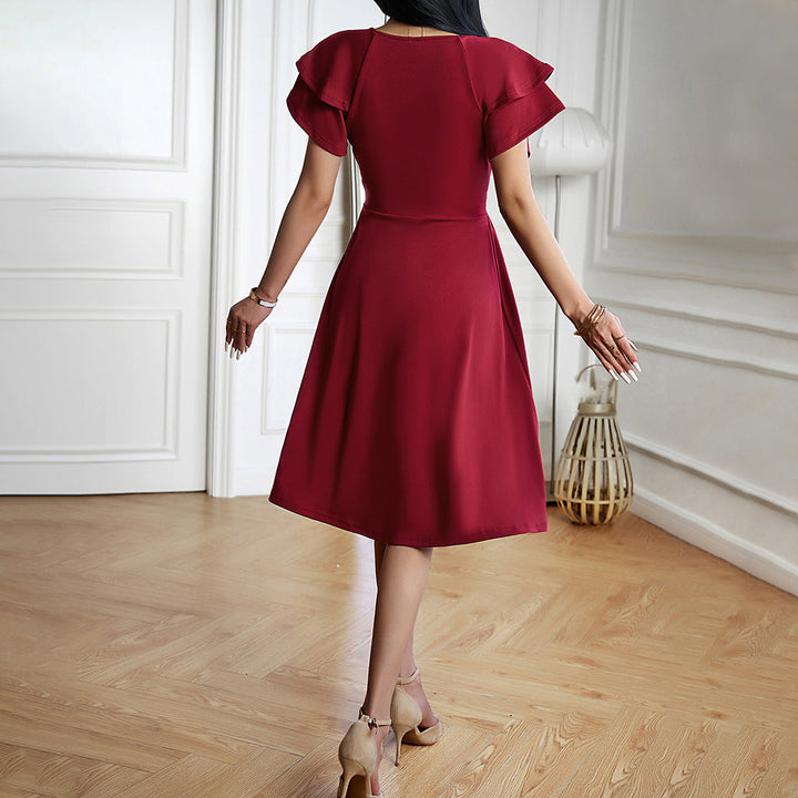 Women's V-Neck Wrap Dress - Short Flutter Sleeve - Fitted Waist - Knee-Length Elegant Wear
