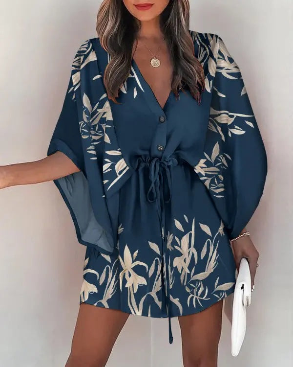 Women’s Mini Dress – Flowy Fit – V-Neck – Lace-Up Waist – Flutter Sleeve – Button Front