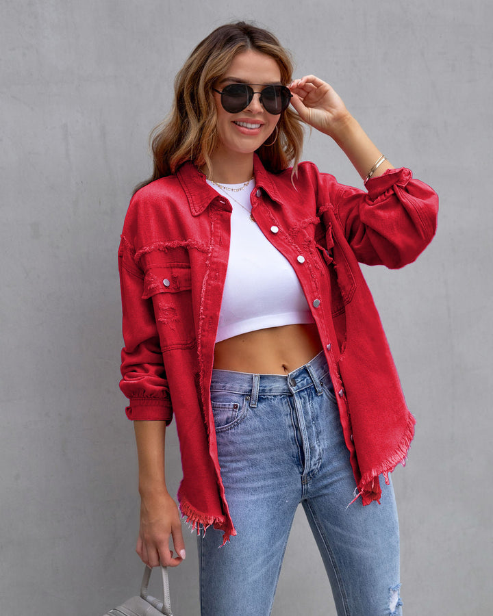 Women’s Denim Jacket – Oversized Fit – Mid Length – Distressed Frayed Casual Layer