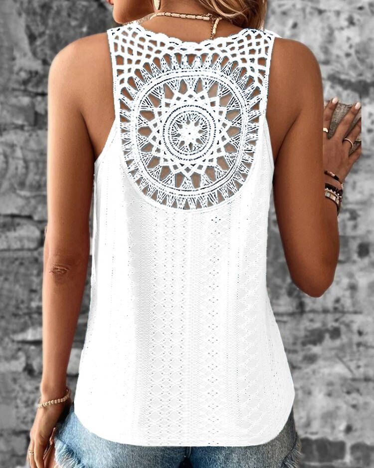 Women’s Sleeveless Top – Relaxed Fit – V-Neck – Crochet Detail – Cotton