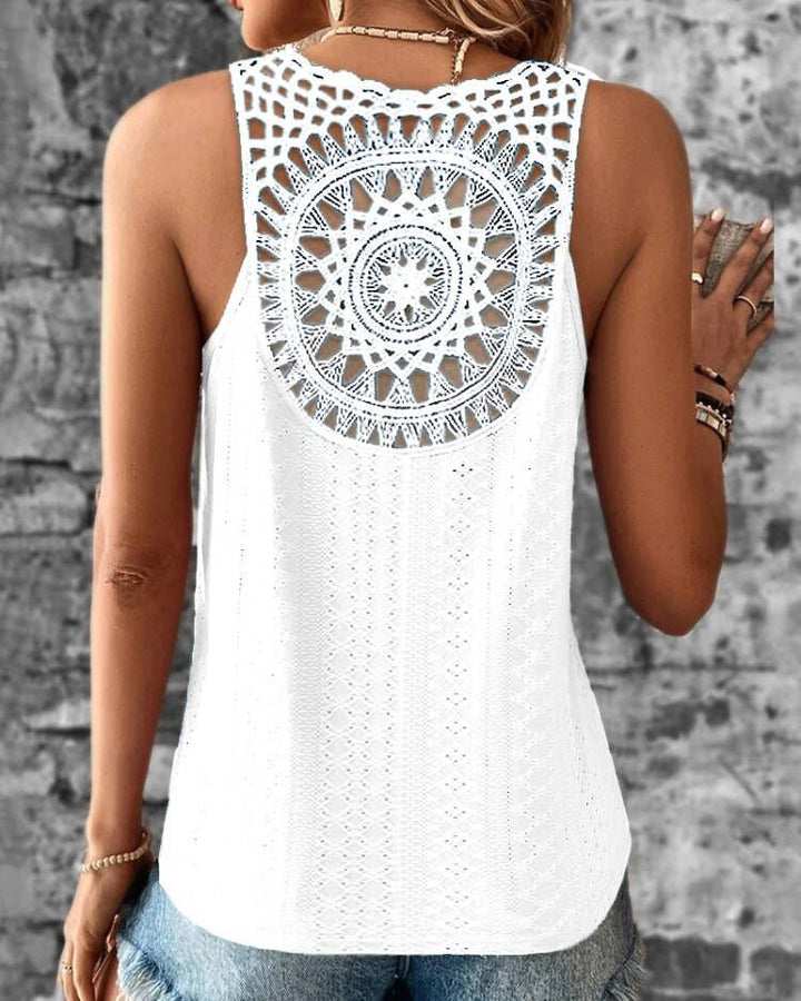 Women’s Sleeveless Top – Relaxed Fit – V-Neck – Crochet Detail – Cotton