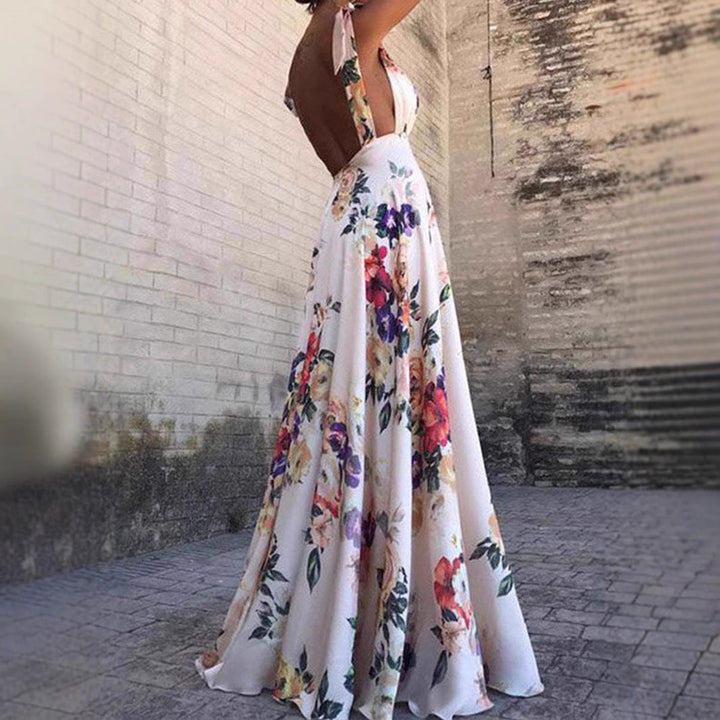 Women’s Maxi Dress – V-Neck A-Line – Ruffle Cap Sleeves – Fitted Waist – Floral Print