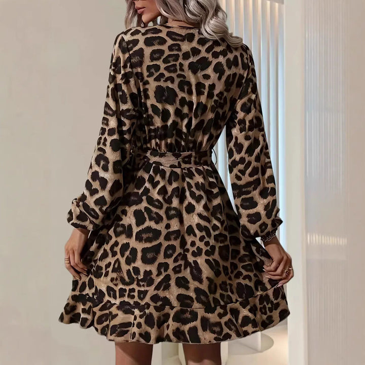 Women’s Midi Dress – V-Neck – Tie Waist – Long Sleeve – Ruffle Hem – Animal Print