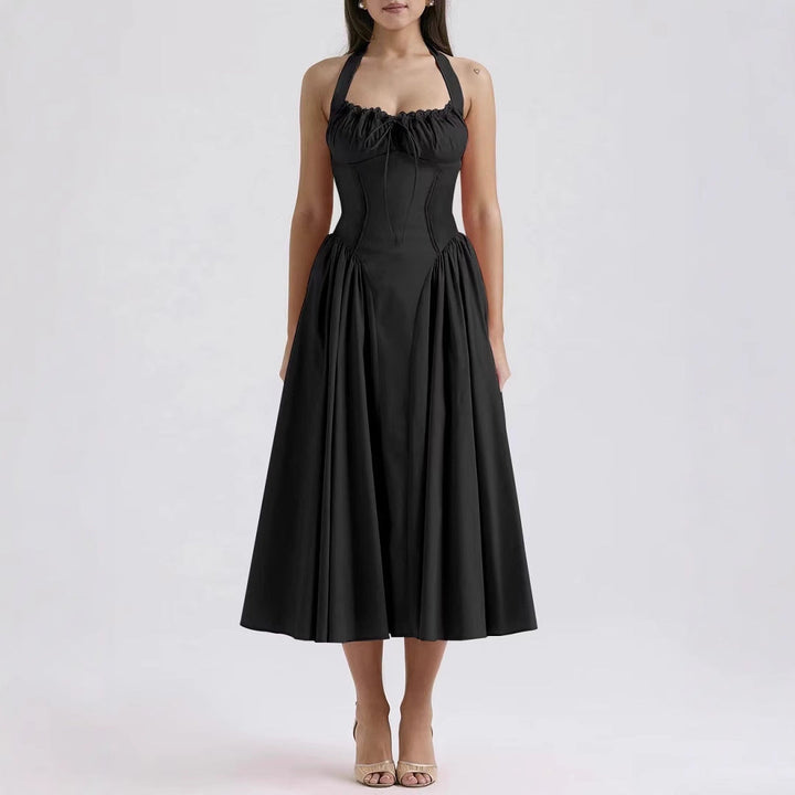 Women’s Halter Neck Dress – Satin Feel – Fitted Bodice – Gathered Bust – Midi A-Line Skirt