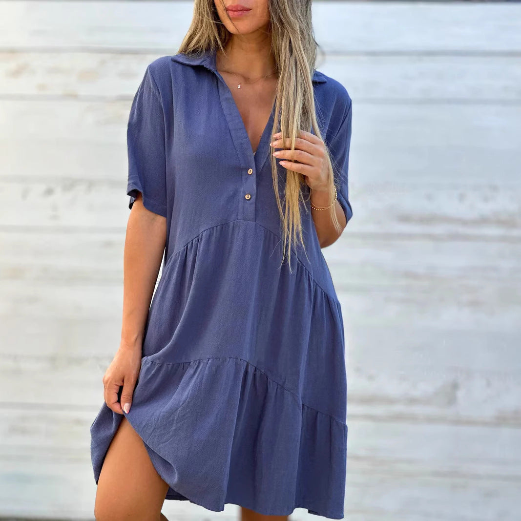 Women's Swing Dress - Relaxed Fit - Natural Fibers - Button-Up Front - Tiered Skirt