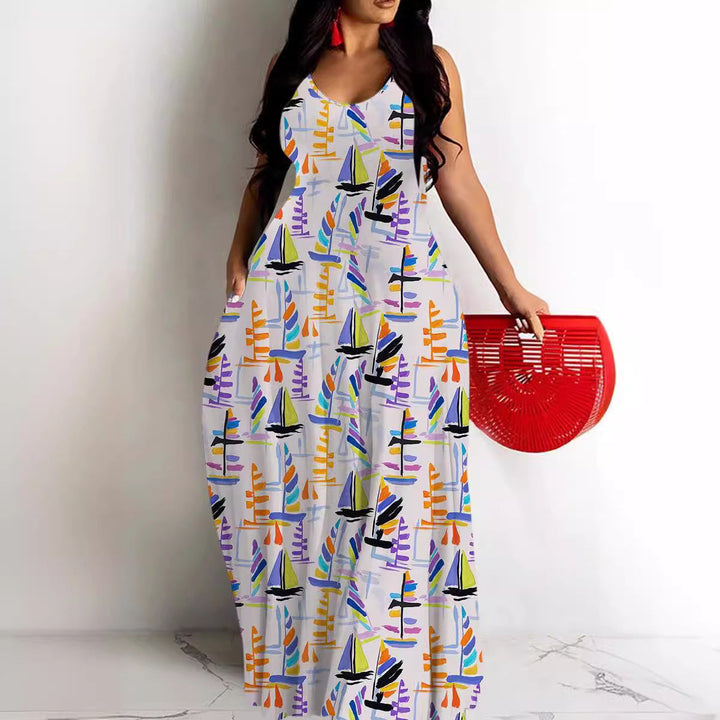 Women’s Maxi Dress – Flowy Fit – Deep V-Neck – Spaghetti Straps – Abstract Print