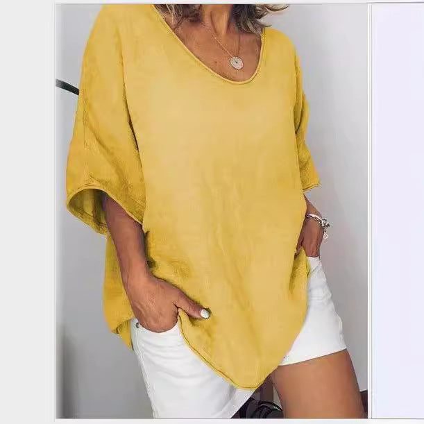 Women’s T-Shirt - Cotton Linen Blend - Relaxed Fit - V-Neck - Short Sleeve - Casual Top