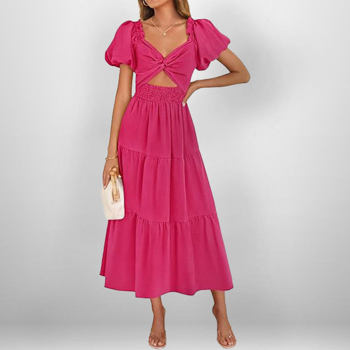 Women’s Midi Dress – Twisted Knot Bust – Puff Sleeve – Tiered Skirt – Shirred Waist