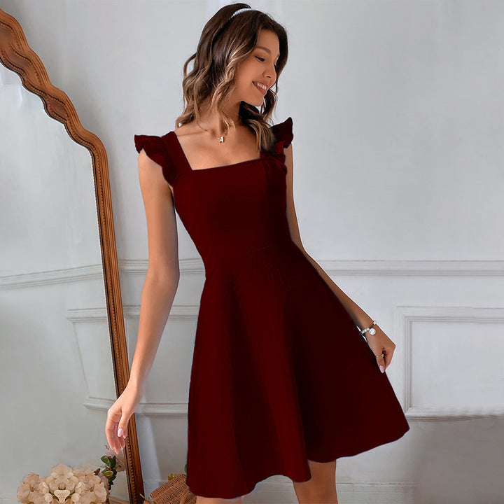 Women’s Fit and Flare Dress – Ruffled Cap Sleeves – Square Neck – Elegant Silhouette