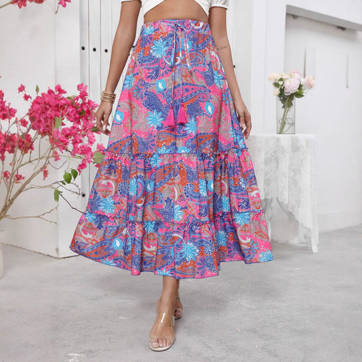 Women’s Maxi Skirt – Flowy Fit – Tiered Design – Adjustable Drawstring – Natural Fibers
