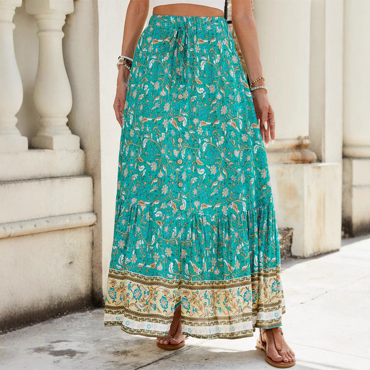 Women’s Maxi Skirt – Flowy Fit – Tiered Boho Style – Natural Fibers – Floral Pattern