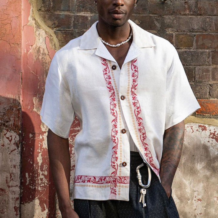 Men's Short Sleeve Shirt – Relaxed Fit – Linen Blend – Embroidered Detail – Button Front