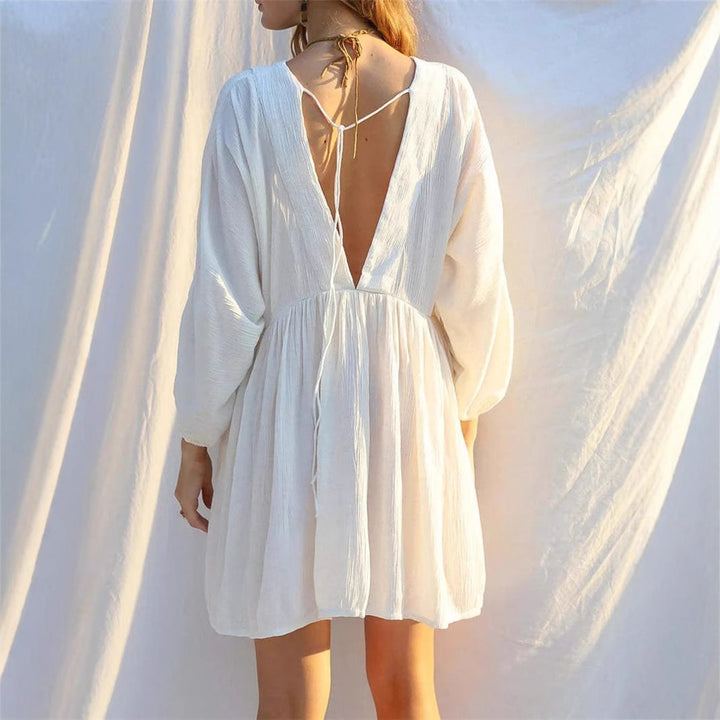 Women’s Mini Dress – Flowy A-Line Fit – Deep V-Neck – Long Sleeve Balloon Cuffs
