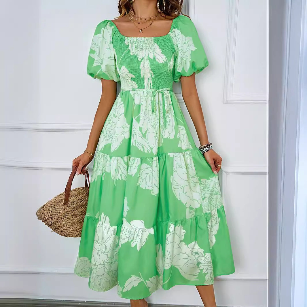 Women’s Off-Shoulder Midi Dress - Shirred Bodice - Puff Sleeve - Flowing A-Line Fit