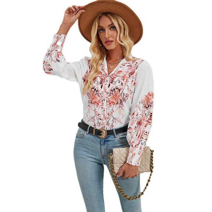 Women’s Blouse - Relaxed Fit - Long Sleeve - Button Down Stand Collar - Floral Print