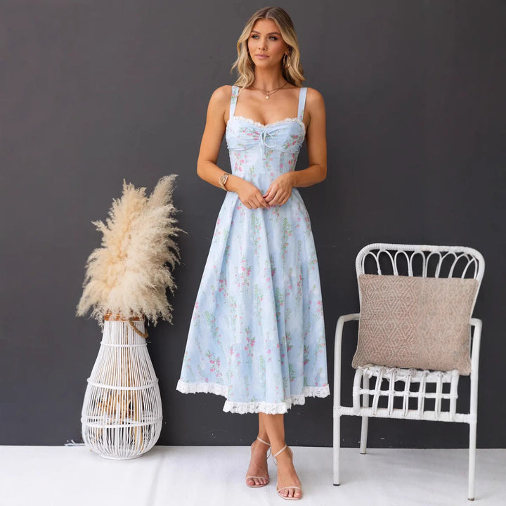 Women’s Midi Sundress - A-Line Fit - Sweetheart Neckline - Lace Trim - Floral Print