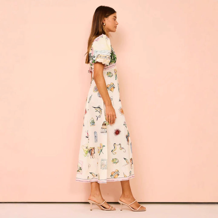 Women’s A-Line Dress – Midi Length – Puff Sleeve – Relaxed Fit – Artistic Printed Design