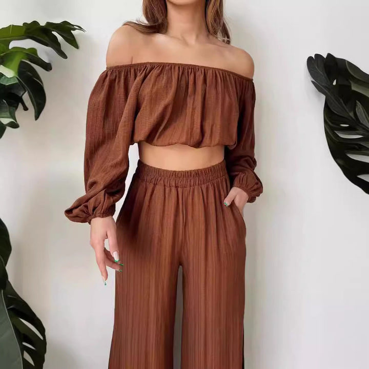 Women’s Two-Piece Set – Off-Shoulder Crop Top – Long Sleeve – High-Waist Wide-Leg Pants