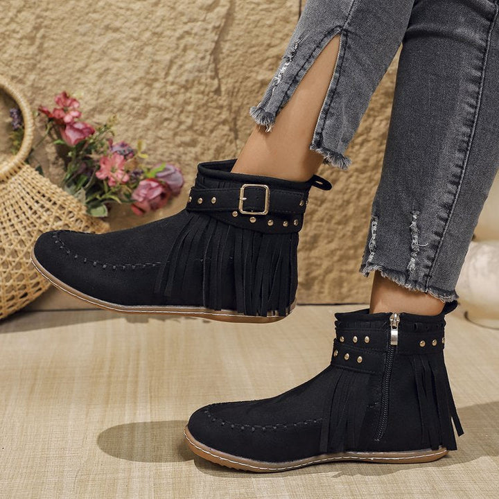Women’s Short Boots - Suede Fringe - Metal Studded - Flat Sole - Side Zip Closure