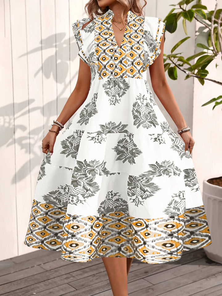 Women’s Midi Dress – Relaxed Fit – V-Neck – Short Sleeve – Printed Ruffle