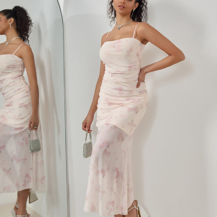 Women’s Maxi Dress – Ruched Bodice – Spaghetti Straps – Floral Print – Flowing Skirt