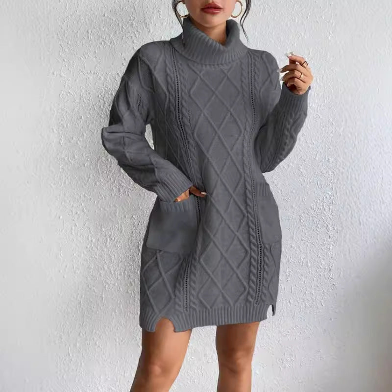 Women’s Sweater Dress - Cable Knit Diamond Pattern - Turtleneck - Long Sleeve Cozy Fit