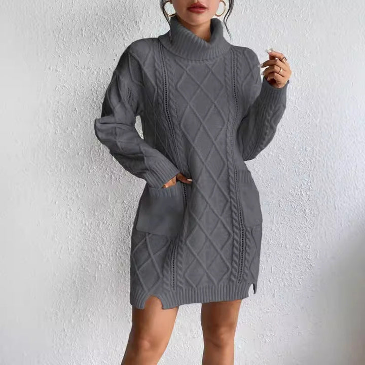 Women’s Sweater Dress - Cable Knit Diamond Pattern - Turtleneck - Long Sleeve Cozy Fit