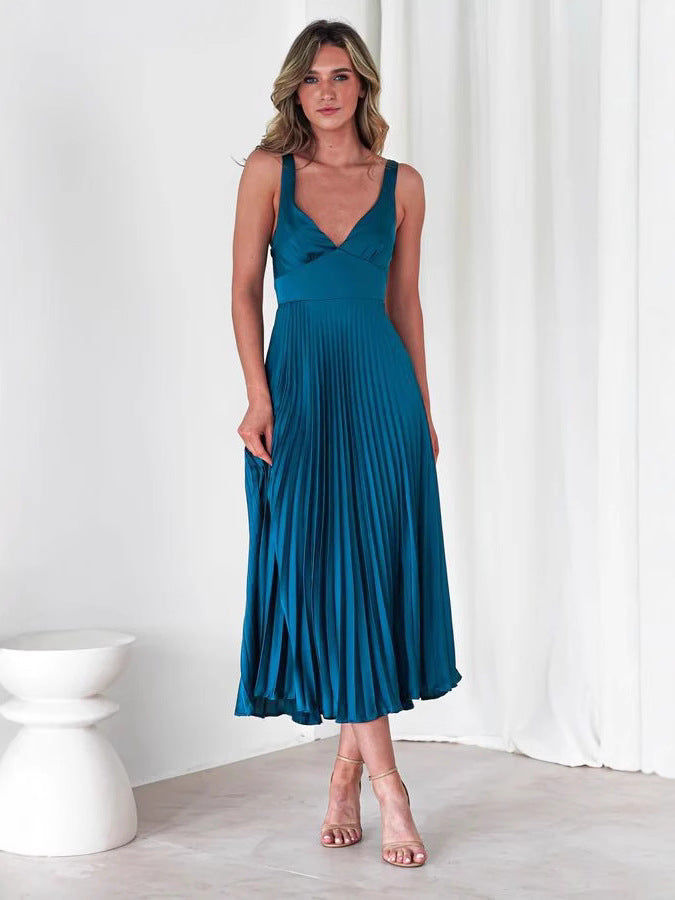Women’s Midi Dress – V-Neck – Fitted Bodice – Pleated Skirt – Spaghetti Straps