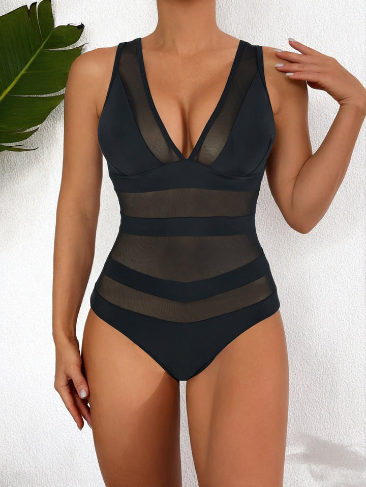 Women’s One-Piece Swimsuit – Form-Fitting – Mesh Detail – Deep V-Neck – Elegant Design